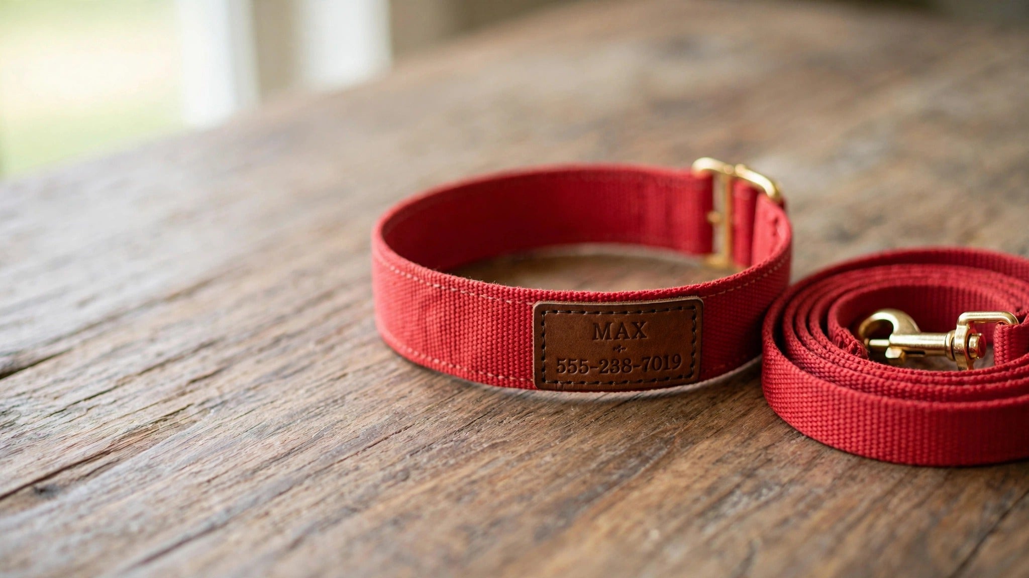 Collier de chien personnalisé rouge posé sur une table en bois avec laisse enroulée