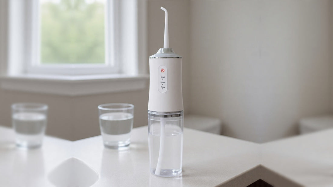 Jet dentaire sans fil Flashmarques posé sur un plan de toilette lumineux à côté d'un verre d'eau