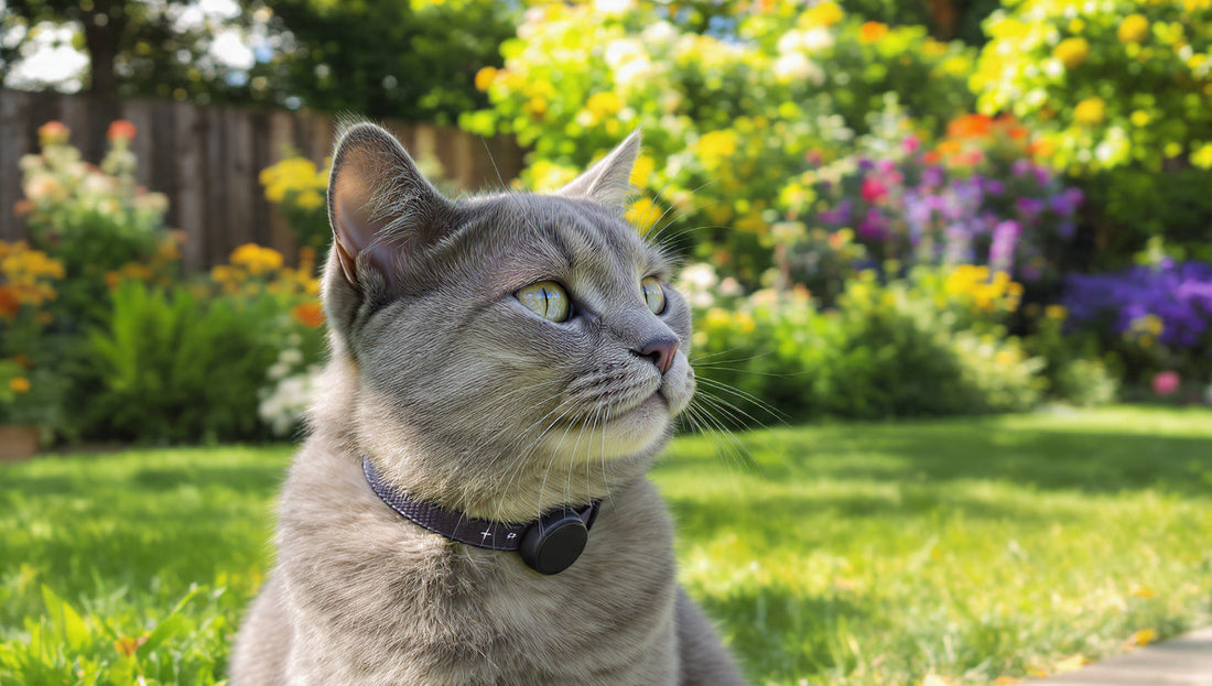 Chat portant un traceur Bluetooth sur son collier dans un jardin