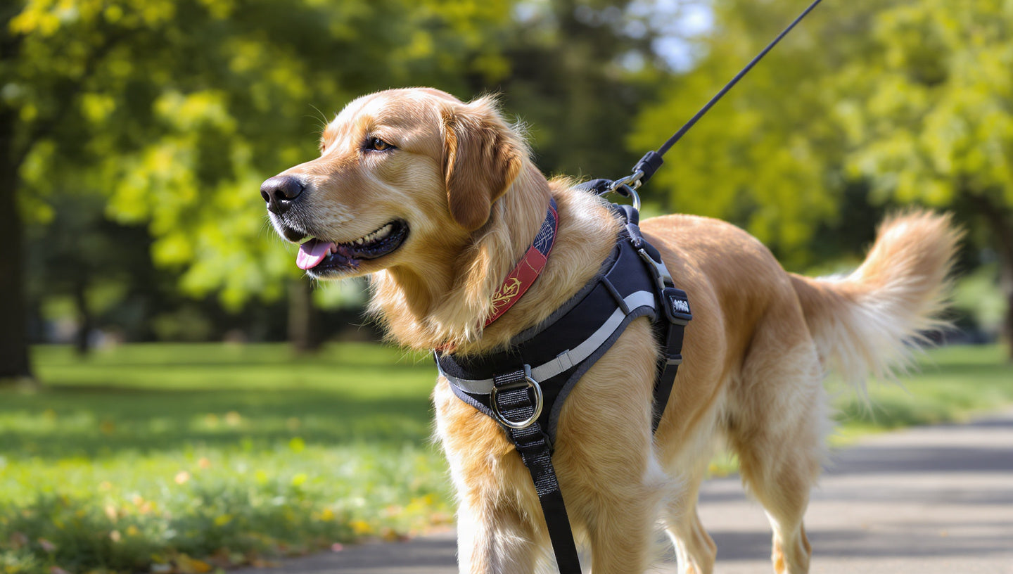Chien portant le harnais pour chien personnalisable Flashmarques lors d'une promenade en extérieur
