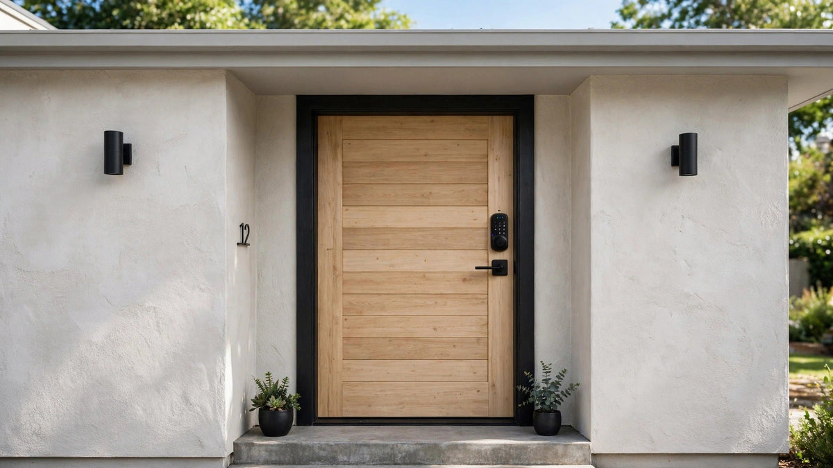 Front entrance of a house with a black lever-handle smart door lock installed on a timber door, rendered walls and door frame clearly visible