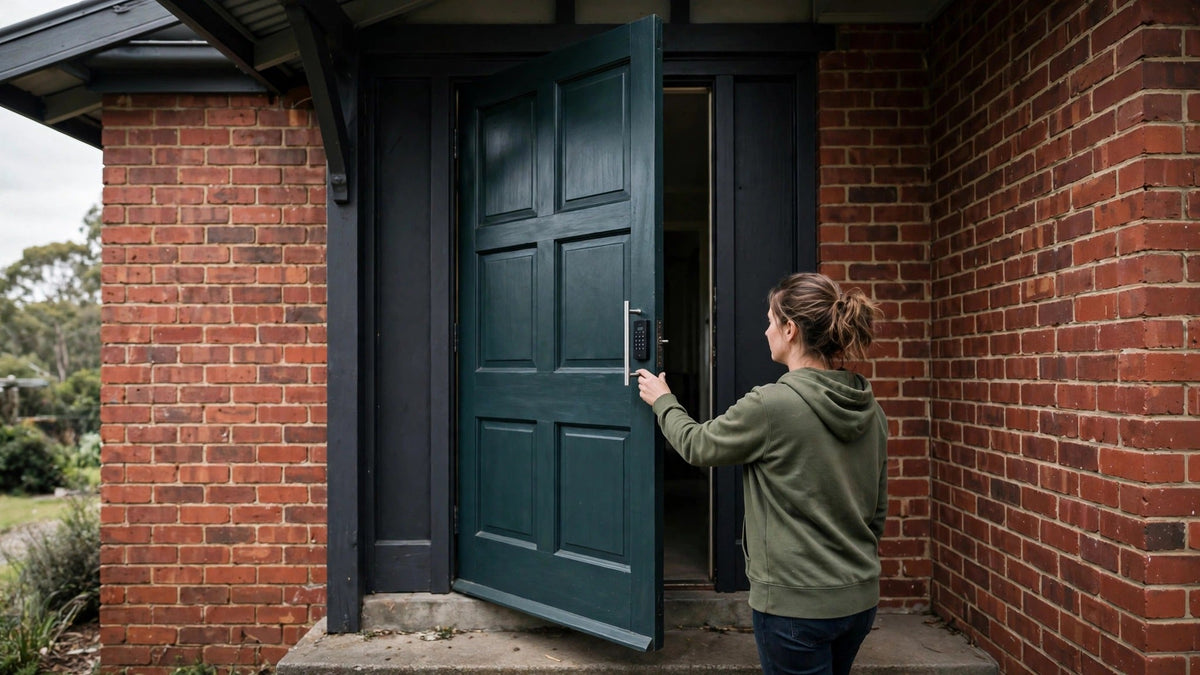 Woman opening a dark green timber front door of a red-brick house by a short stainless steel push/pull bar handle with keypad