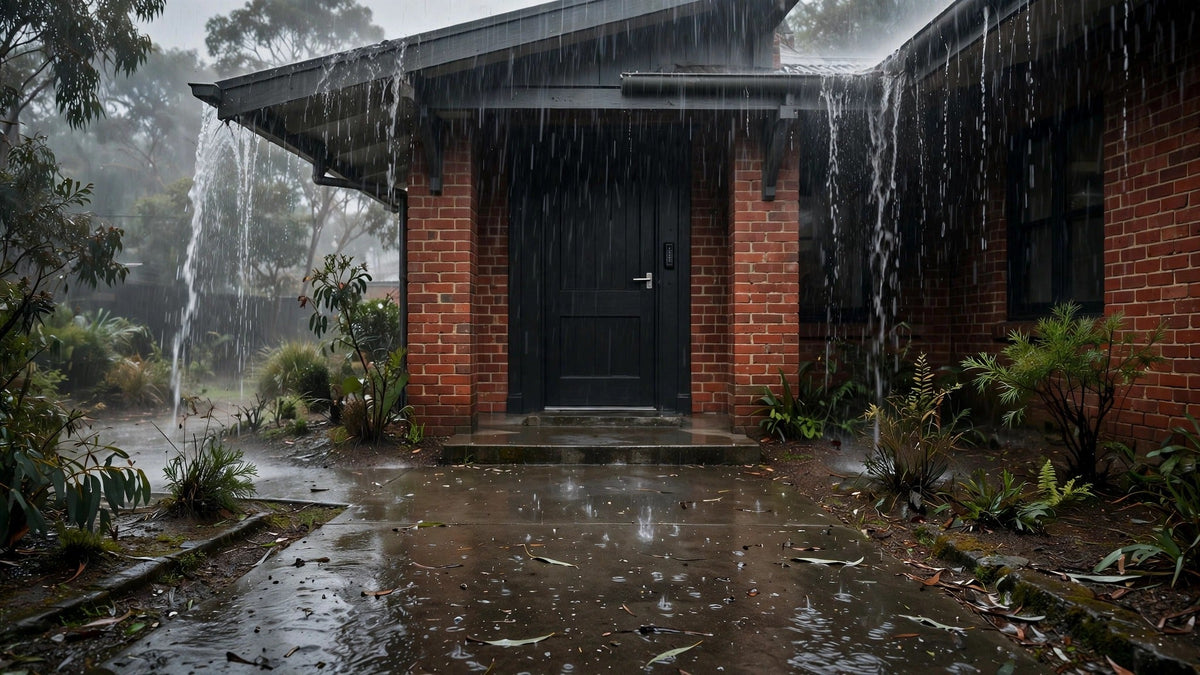 Heavy rain on a red-brick entry with a black timber door and keypad lock, water streaming from the gutter onto a wet step