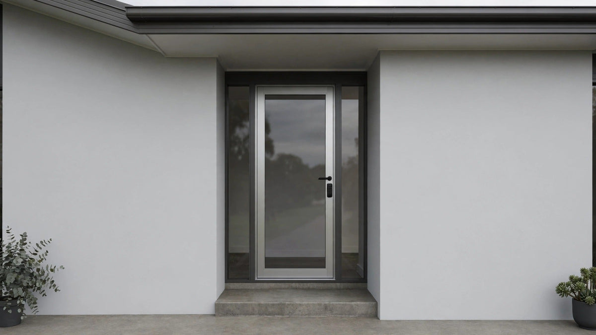 Hinged framed glass entry door with a narrow aluminium stile, short black handle and keypad, rendered pale wall and concrete step visible