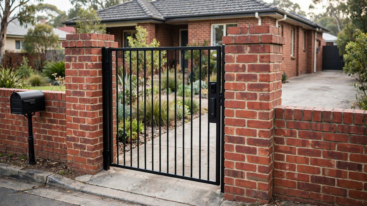 Black steel pedestrian gate between red-brick pillars with a slim lock panel on the gate, brick fence, driveway and house behind