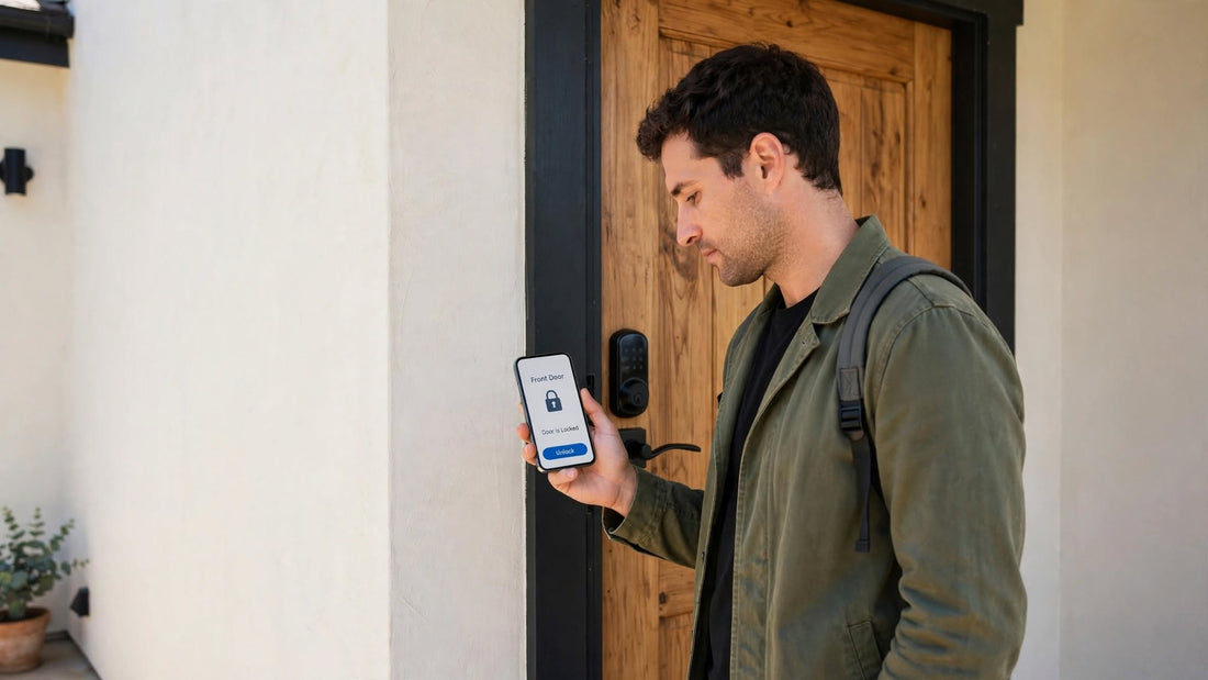 Person standing at their own front door checking a smart lock app on their phone, with a matte black lever-handle smart lock, dark door frame, and rendered wall visible on the timber door