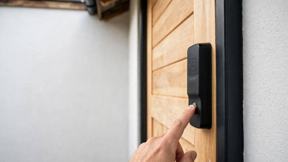 Close-up of a finger pressing the doorbell button built into a black smart door lock panel, timber door with wall and frame visible