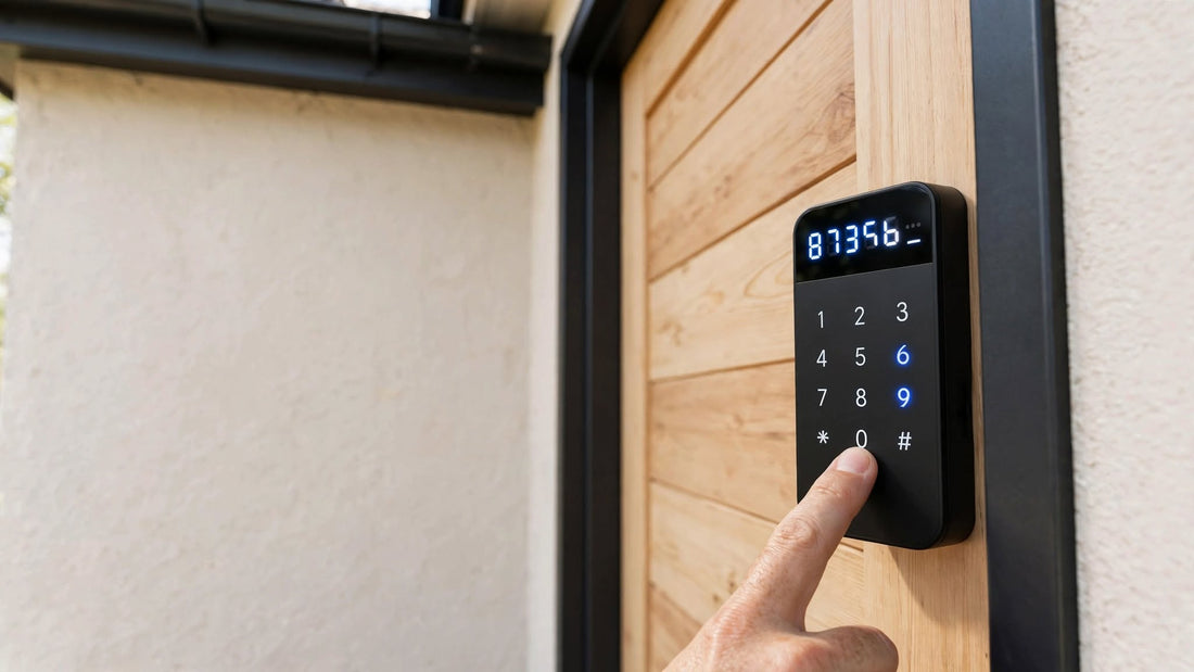 Close-up of a finger entering a long numeric code on a black smart door lock keypad, timber door with wall and frame visible