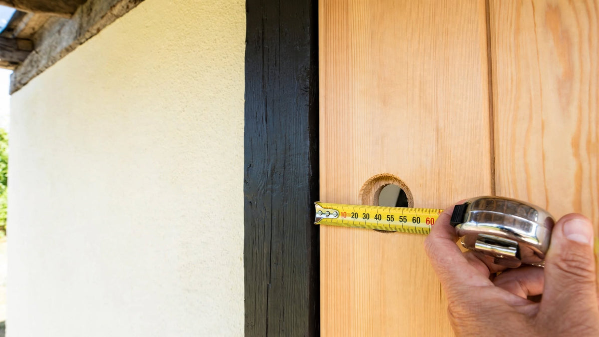 Close-up of a hand holding a tape measure against the edge of a timber front door, measuring backset distance, wall and door frame visible