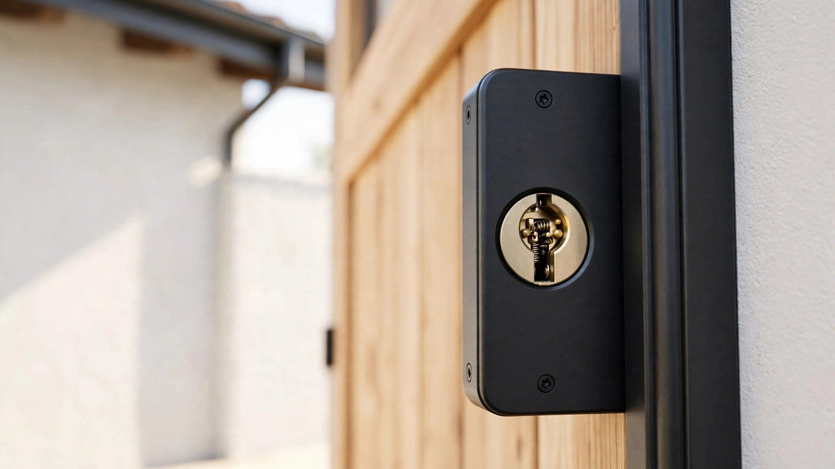 Close-up of a mechanical keyhole cylinder on a black smart door lock, timber door with dark frame and rendered wall visible