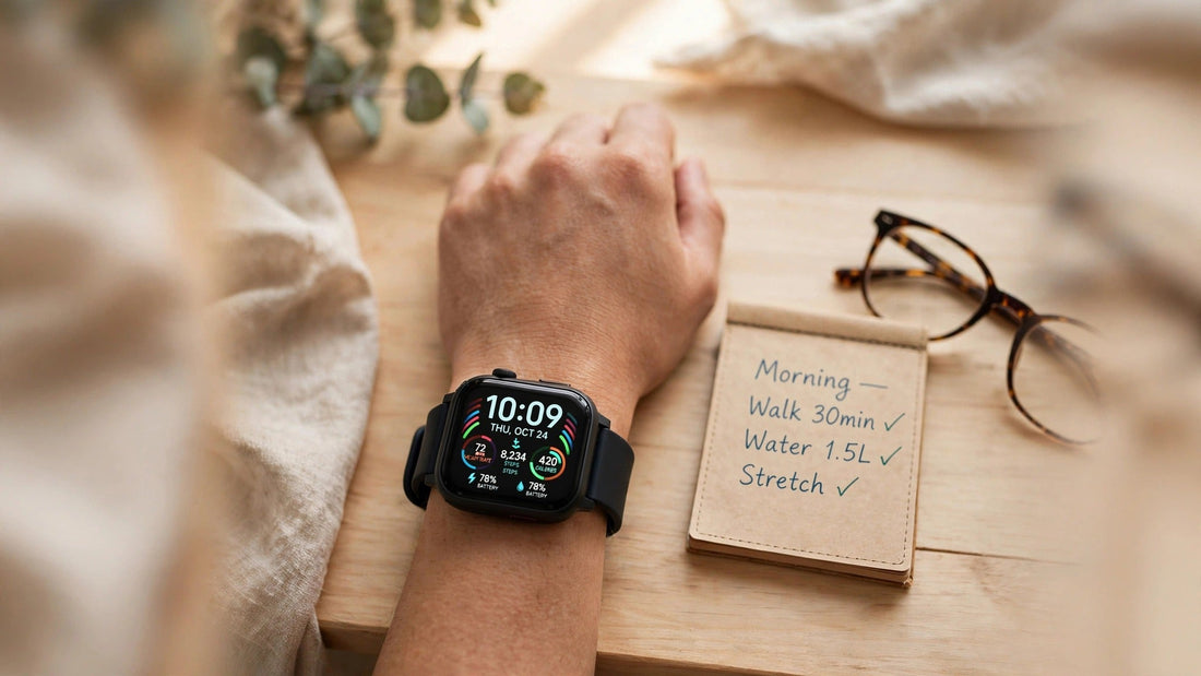 Montre connectée pour senior posée sur une table avec carnet de suivi et lunettes de lecture