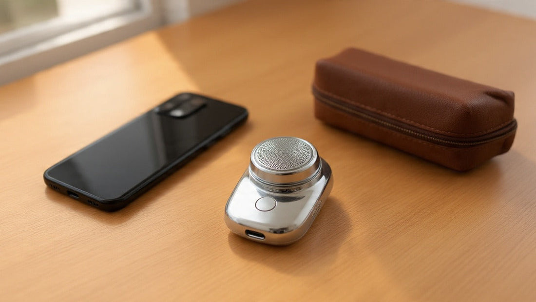 Mini rasoir électrique Flashmarques posé sur un bureau en bois avec smartphone et pochette de voyage
