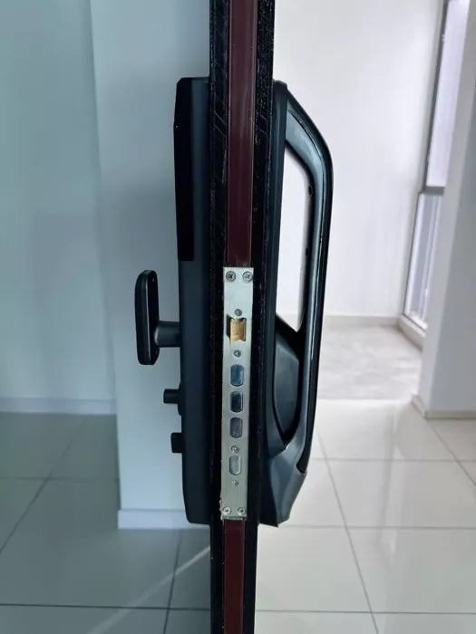 Open door edge showing the multi-point mortise body and inner handle of the face recognition smart door lock