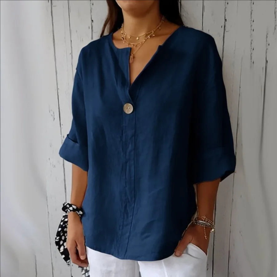 VEITCHE Frühjahr Sommer Damen Hemdblusen Oberteil V-Ausschnitt Knopf T-Shirts 3/4 Ärmel Freizeit Baumwolle Leinen Oberteil Locker Sitzender Pullover