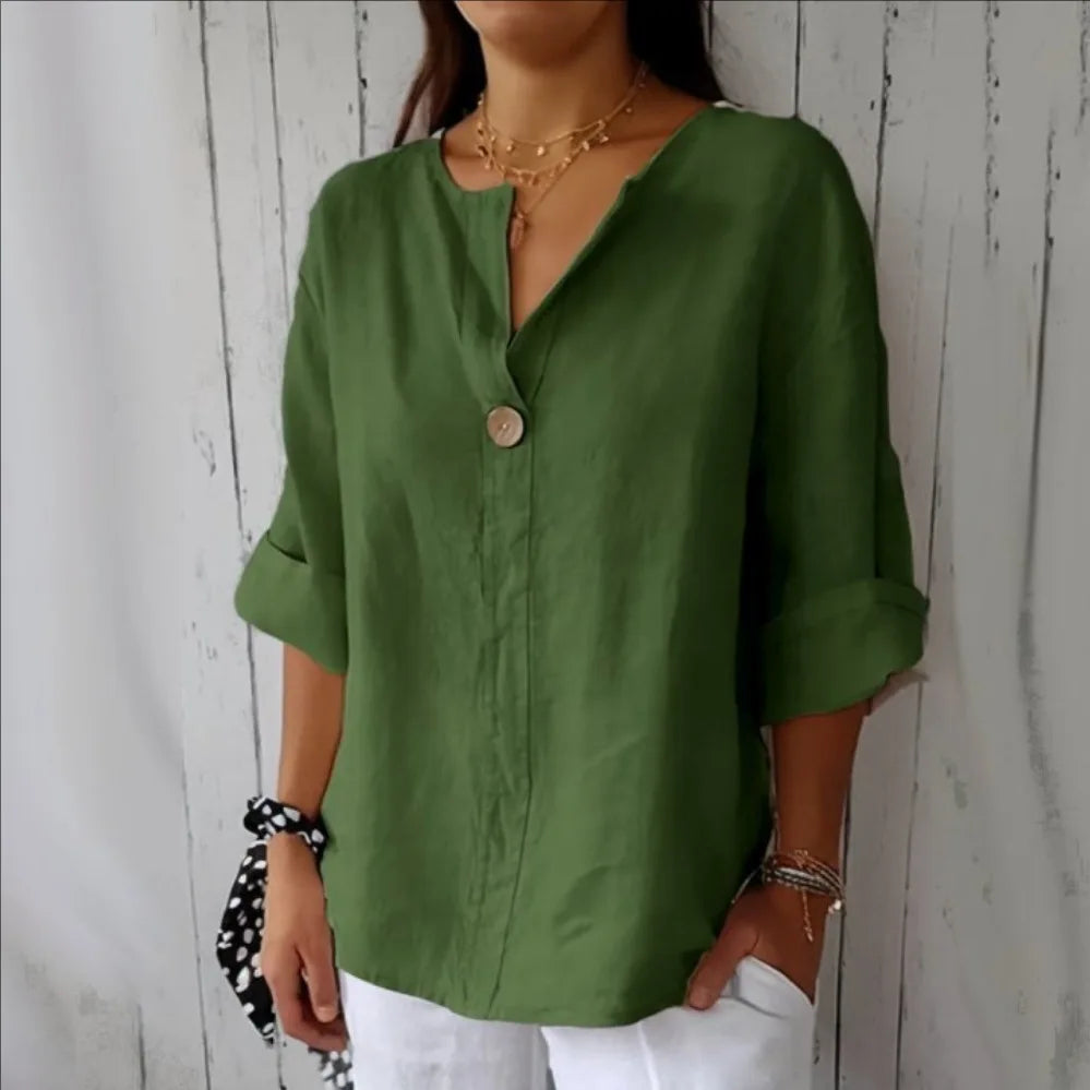 VEITCHE Frühjahr Sommer Damen Hemdblusen Oberteil V-Ausschnitt Knopf T-Shirts 3/4 Ärmel Freizeit Baumwolle Leinen Oberteil Locker Sitzender Pullover