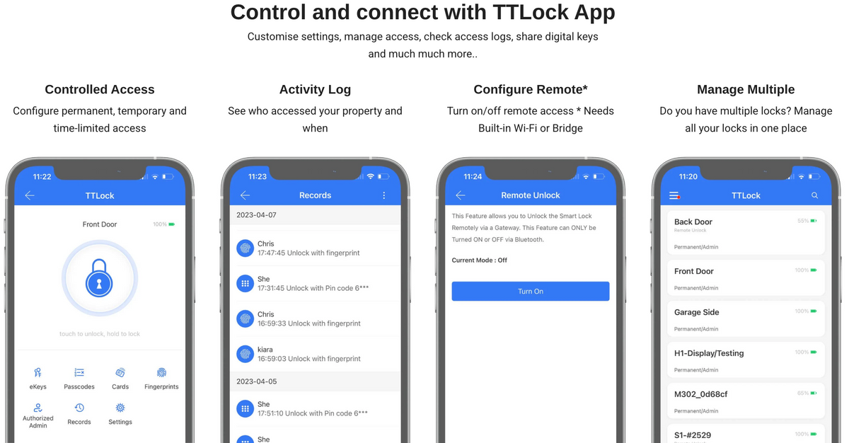 TTLock app features: controlled access with permanent, temporary and time-limited codes, activity log, remote unlocking and managing multiple locks