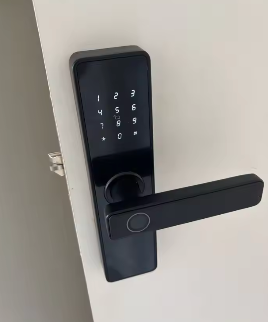 Black lever-handle smart door lock with touch keypad and fingerprint reader, fitted to a white door