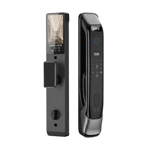 Smart door lock with 3D face recognition: outer panel with camera and display, inner panel with screen and push/pull knob