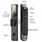 Labelled diagram: display, function key, one-key locking knob, double lock knob, face recognition camera, fingerprint head, card swiping area, doorbell, USB power hole and emergency key hole, 75 mm wide and 440 mm tall