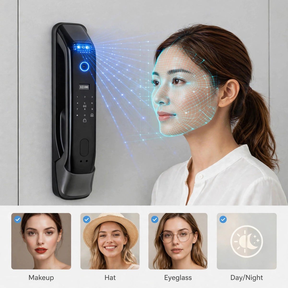 3D face recognition scanning a face at the door, and confirmation that it works with makeup, a hat, glasses and in day or night