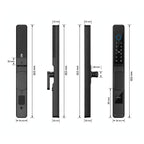 Dimension drawing of the short-handle smart door lock: 353 mm tall, 36 mm wide, 32 and 28 mm depths, 85 mm centres, hook bolt shown