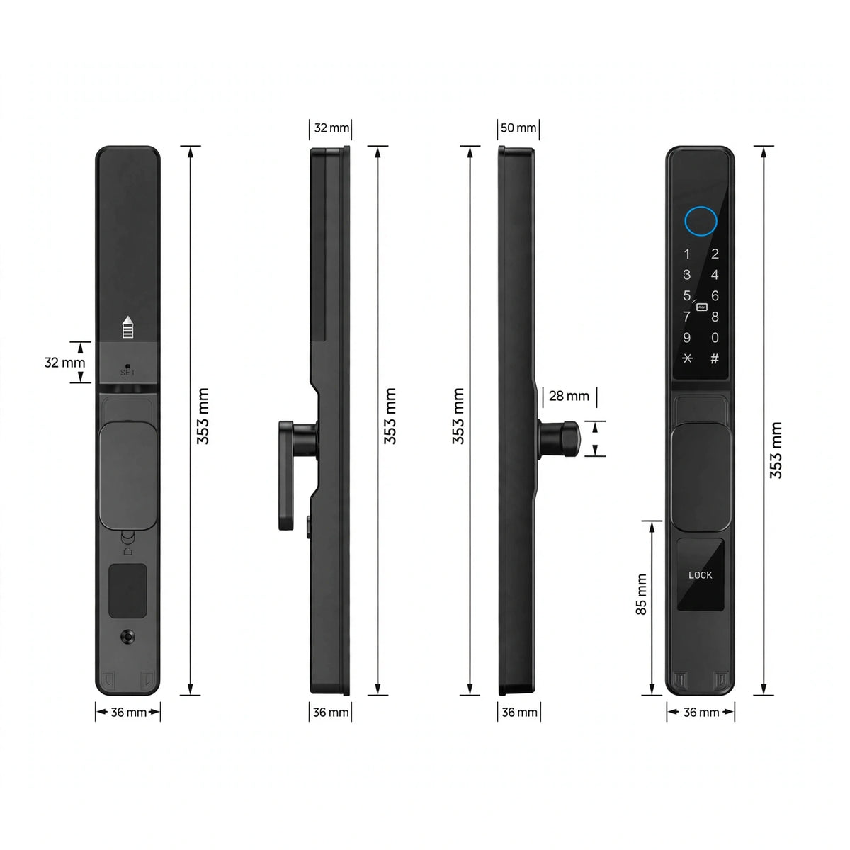 Dimension drawing of the short-handle smart door lock: 353 mm tall, 36 mm wide, 32 and 28 mm depths, 85 mm centres, hook bolt shown