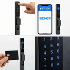 Four ways into the black short-handle smart door lock: fingerprint, TTLock app passcode, IC card and backlit keypad
