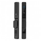 Matte black push/pull smart door lock with a short flush handle, outer keypad panel and inner panel