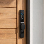 Black short-handle smart door lock fitted to a slatted timber door with a narrow stile