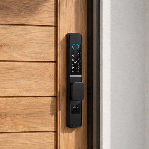 Black short-handle smart door lock fitted to a slatted timber door with a narrow stile