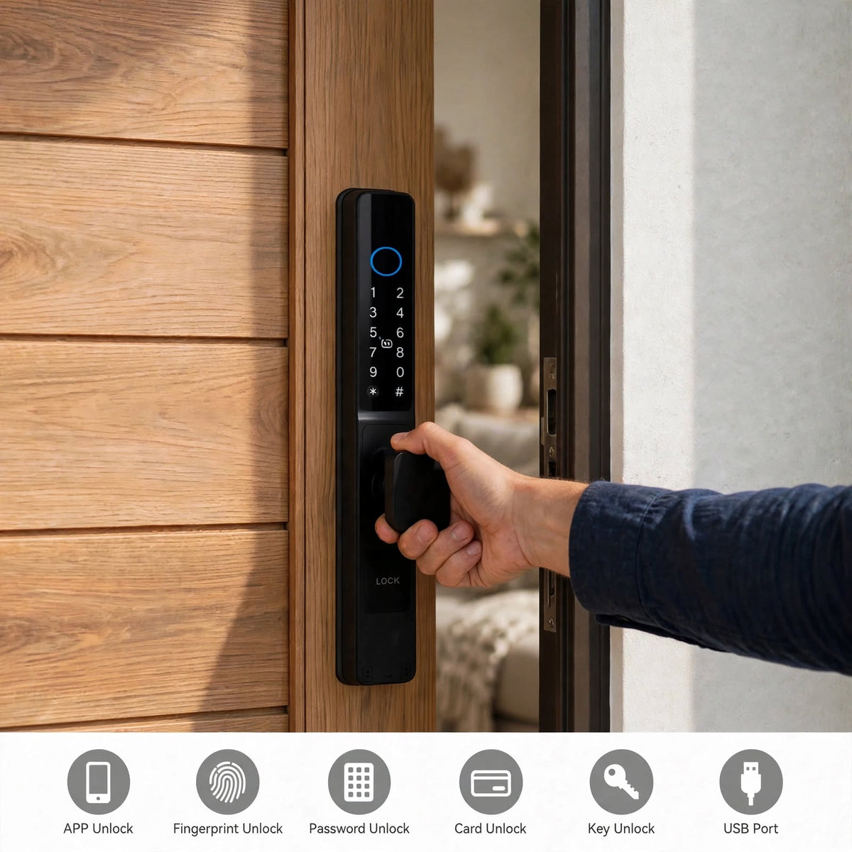 Hand opening the black short-handle smart door lock, with icons for app, fingerprint, password, card, key and USB unlock