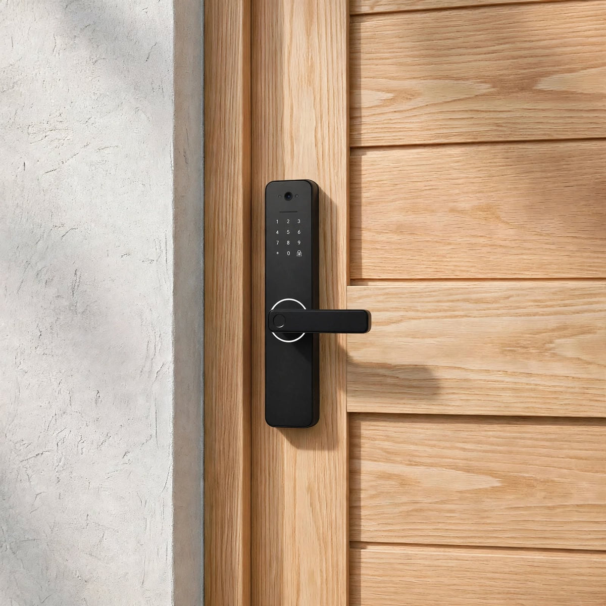 Smart door lock with built-in camera fitted to a light timber door