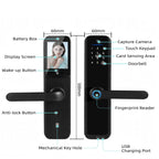 Labelled diagram: battery box, display screen, wake-up button, anti-lock button, mechanical keyhole, capture camera, touch keypad, card sensing area, doorbell, fingerprint reader and USB charging port, 60 mm wide and 300 mm tall