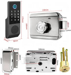 Dimension drawing: keypad panel 170 x 58 x 35 mm, rim lock body 130 x 100 x 42 mm, keeper 100 x 40 x 35 mm, 60 mm backset and 30 mm brass cylinder