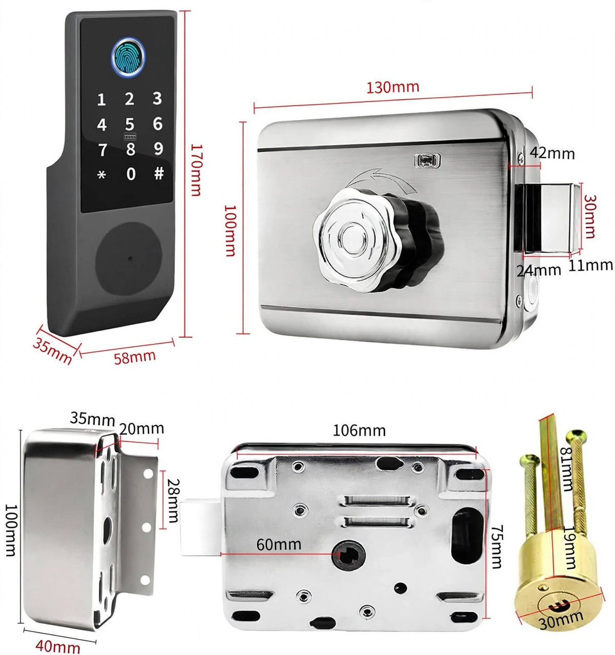 Dimension drawing: keypad panel 170 x 58 x 35 mm, rim lock body 130 x 100 x 42 mm, keeper 100 x 40 x 35 mm, 60 mm backset and 30 mm brass cylinder