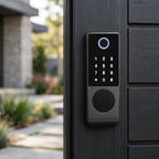 IP66 fingerprint smart lock mounted on a dark timber gate outside a house