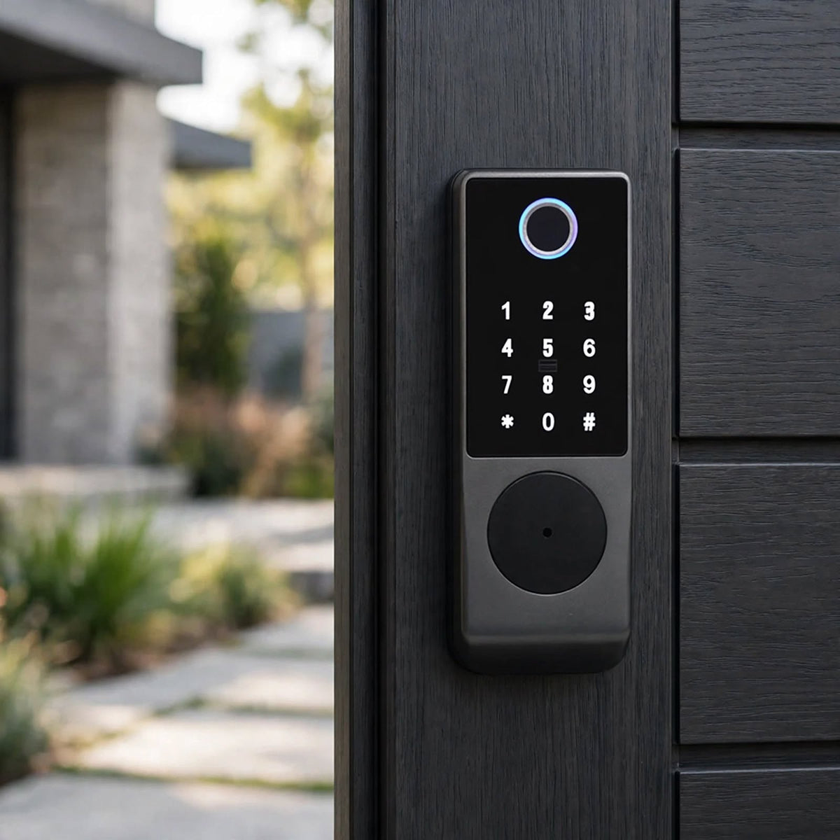 IP66 fingerprint smart lock mounted on a dark timber gate outside a house