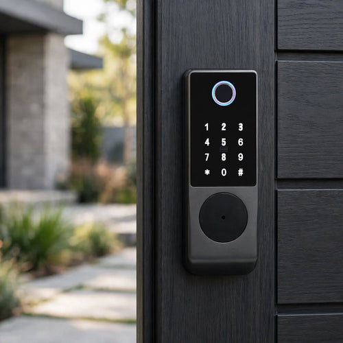 IP66 fingerprint smart lock mounted on a dark timber gate outside a house