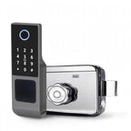 IP66 gate smart lock: keypad panel with fingerprint reader beside the stainless steel surface-mounted rim lock body