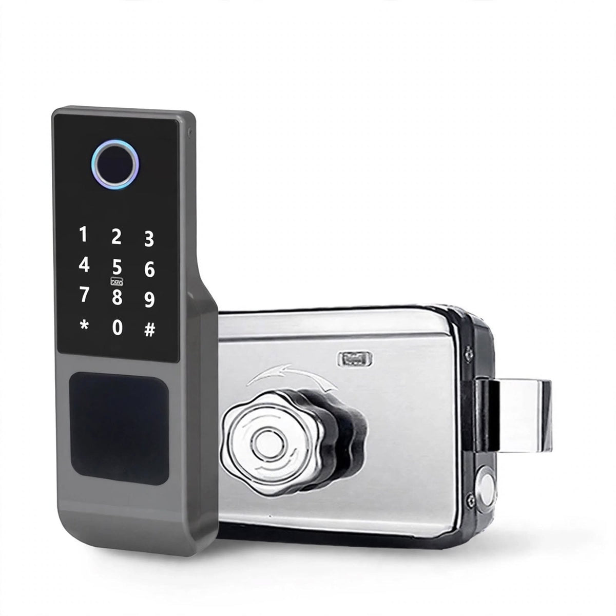 IP66 gate smart lock: keypad panel with fingerprint reader beside the stainless steel surface-mounted rim lock body