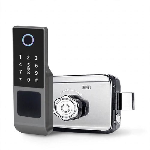 IP66 gate smart lock: keypad panel with fingerprint reader beside the stainless steel surface-mounted rim lock body