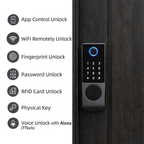 Unlock methods listed for the gate smart lock range: app control, Wi-Fi remote, fingerprint, password, RFID card, physical key and Alexa voice