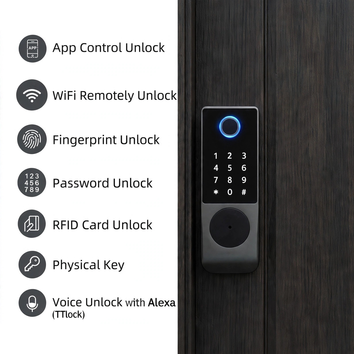 Unlock methods listed for the gate smart lock range: app control, Wi-Fi remote, fingerprint, password, RFID card, physical key and Alexa voice