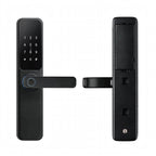 Black lever-handle smart door lock, outer keypad panel with fingerprint reader and inner panel