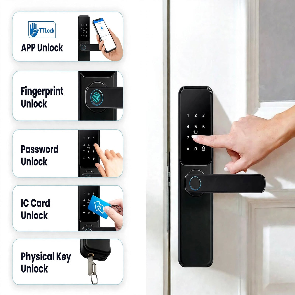 Five ways to unlock: TTLock app, fingerprint, password, IC card and physical key