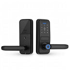 Black lever-handle smart door lock, outer and inner panels side by side