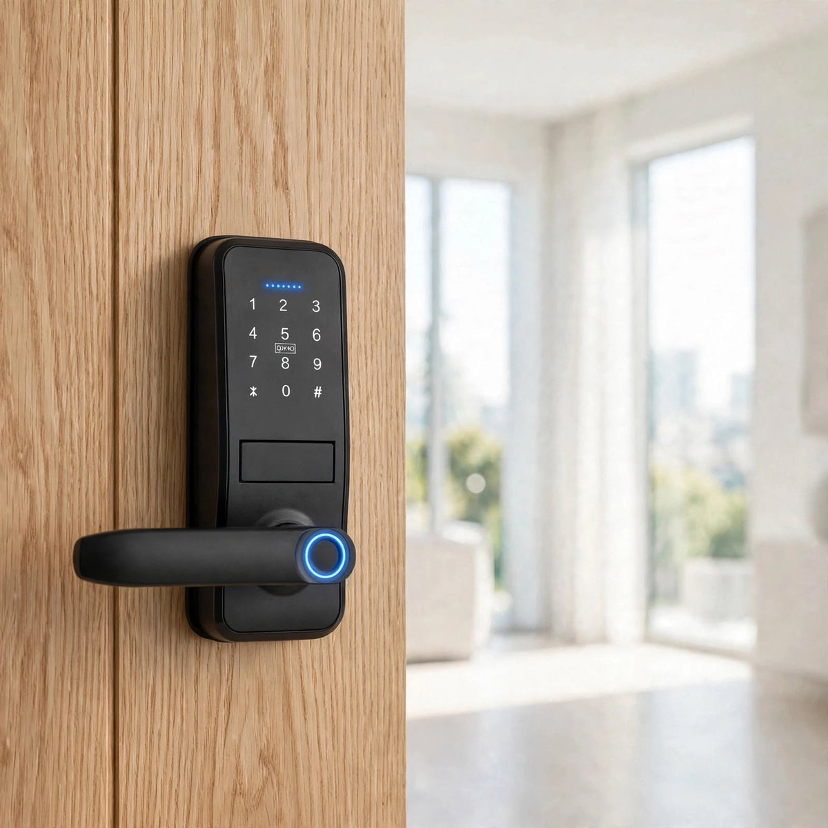 Black lever-handle smart door lock fitted to a timber door in a bright room