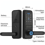 Labelled diagram of the lever-handle smart door lock: battery, anti-lock, atmosphere light, password swipe area, mechanical keyhole, fingerprint and Type-C interface, 68 mm wide and 185 mm tall