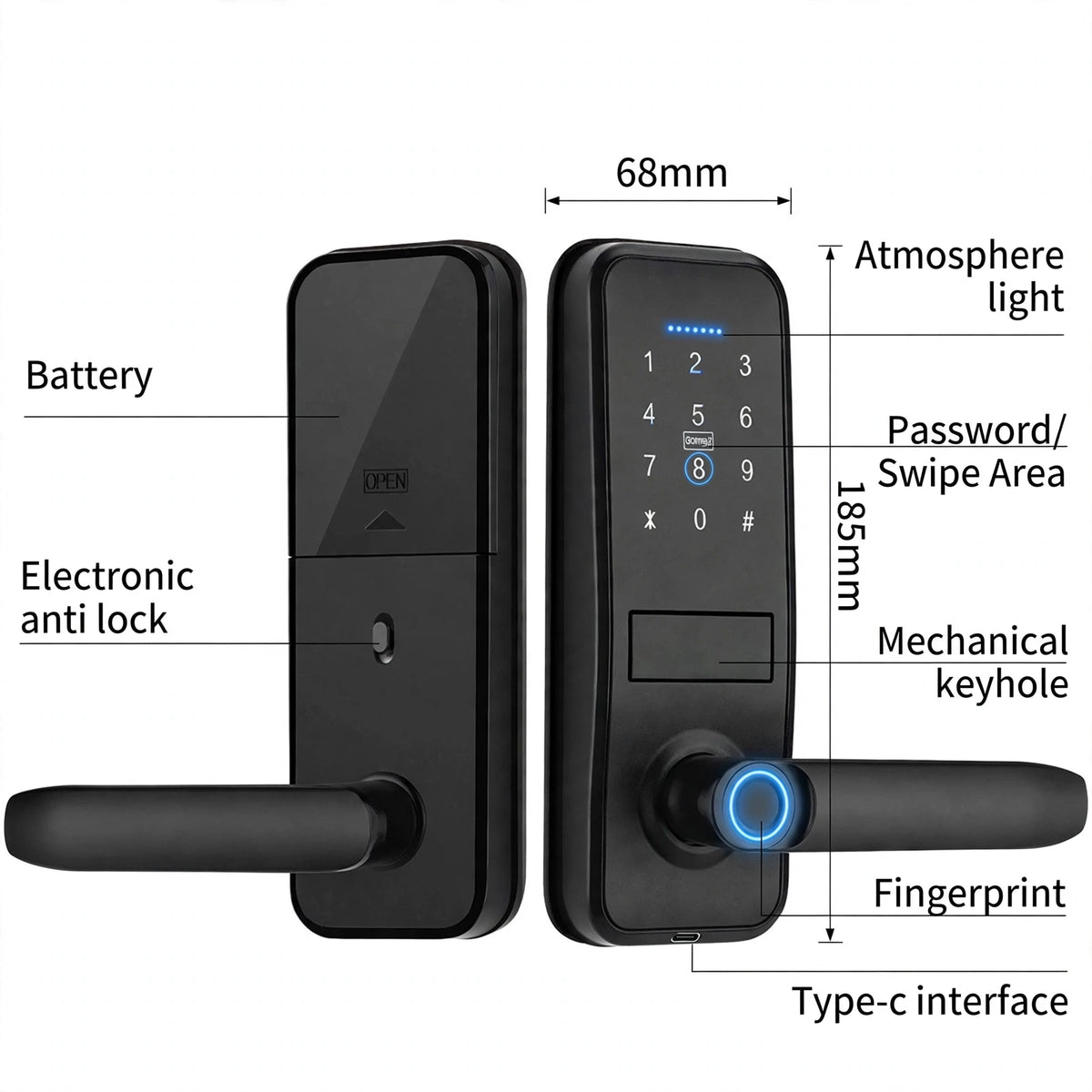 Labelled diagram of the lever-handle smart door lock: battery, anti-lock, atmosphere light, password swipe area, mechanical keyhole, fingerprint and Type-C interface, 68 mm wide and 185 mm tall