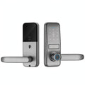 Silver lever-handle smart door lock, outer and inner panels side by side